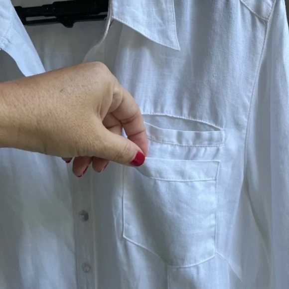 Edward White Linen Back Split Hem Double Front Chest Pocket Shirt Blouse, Size L - Picture 3 of 10